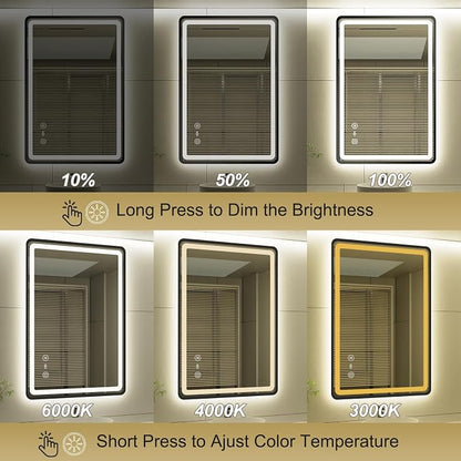 24x36 Inch LED Bathroom Mirror with Auto Sensor Lights, Black Framed Wall Bathroom Mirror, Backlit & Frontlit, Dimmable, Anti-Fog, 3 Colors, Memory Function, Smart Lighted Mirror for Vanity
