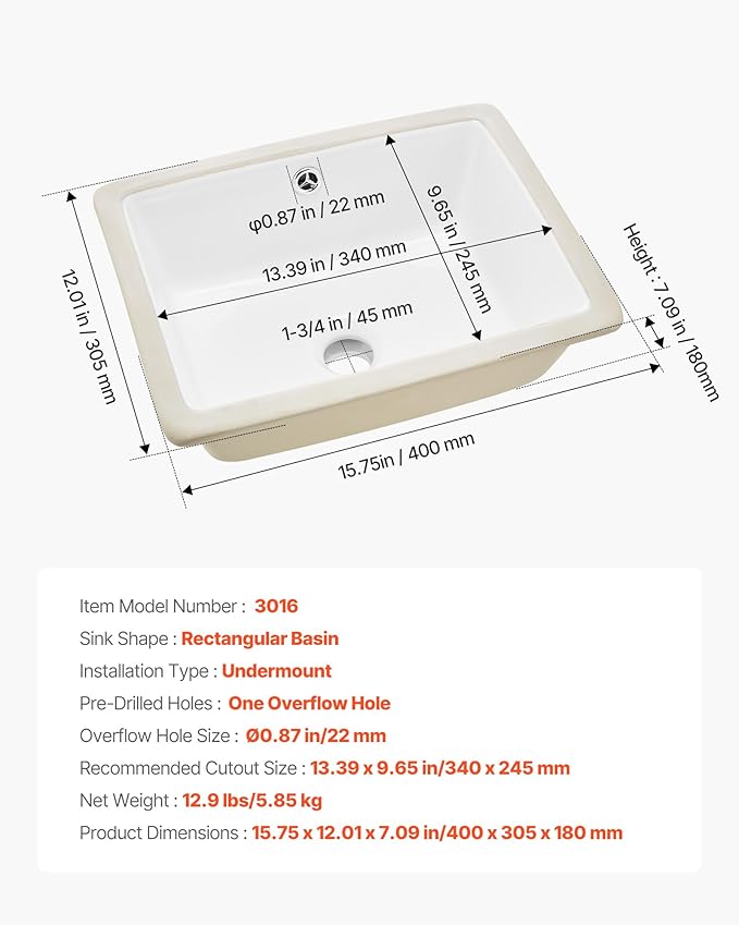 VEVOR Undermount Bathroom Sink, 15.75 x 12.01 Inch Rectangular White Ceramic Vessel Sink with Overflow Hole, Under Counter Drop in Modern Lavatory Vanity Bath Wash Bowl Basin, Rectangle Small Space