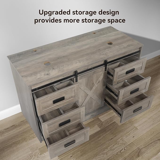 48" Barn Door Bathroom Vanity with 6 Drawers, Farmhouse Style Standing Pedestal Cabinet with Two Brown Leaf Vessel Sinks