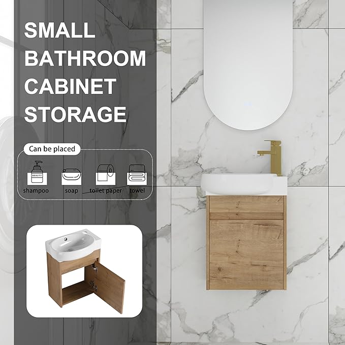 16" Wall-Mounted Bathroom Vanity with Sink - Floating Vanity Cabinet for Small Bathrooms, Soft-Close Door & Built-in Storage, Honey Oak Finish (Space-Saving Waterproof Design)
