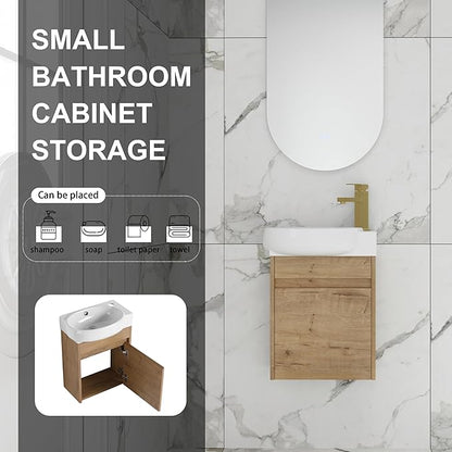 16" Wall-Mounted Bathroom Vanity with Sink - Floating Vanity Cabinet for Small Bathrooms, Soft-Close Door & Built-in Storage, Honey Oak Finish (Space-Saving Waterproof Design)