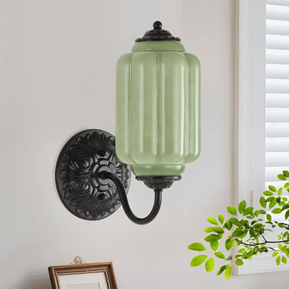 Green Glass Sconce Vintage Vanity Sconces Black, Bulb Included | Green Glass Art Deco Antique Wall Sconce Wall Light for Bedroom Bathroom Living Room Entryway Antique Black and White 1 Pack