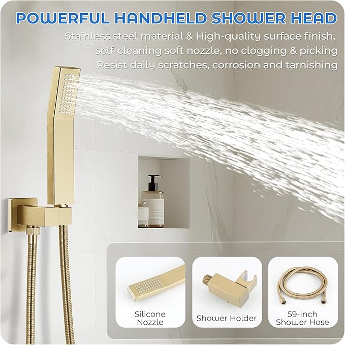 Gold Shower Faucet Set, 10 inch Rain Shower System with Pressure Balance Valve, Wall Mounted 2-Functions Bathroom Shower Systems with Rain Shower and Handheld Spray Shower Trim Included