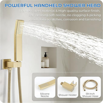 Gold Shower Faucet Set, 10 inch Rain Shower System with Pressure Balance Valve, Wall Mounted 2-Functions Bathroom Shower Systems with Rain Shower and Handheld Spray Shower Trim Included