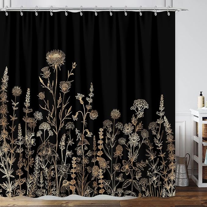 Vintage Black and Gold Boho Shower Curtain, Black and Tan Cream Floral Aesthetic Dark Wildflower Botanical Flowers Shower Curtain for Bathroom with Hook,Farmhouse Plant Art Chic Shower Curtain 72X72