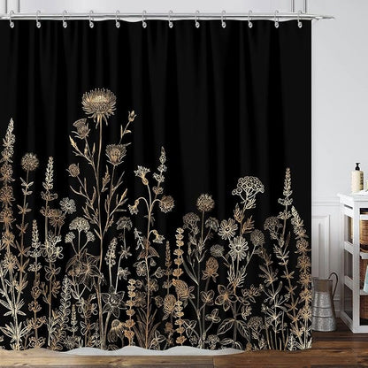 Vintage Black and Gold Boho Shower Curtain, Black and Tan Cream Floral Aesthetic Dark Wildflower Botanical Flowers Shower Curtain for Bathroom with Hook,Farmhouse Plant Art Chic Shower Curtain 72X72