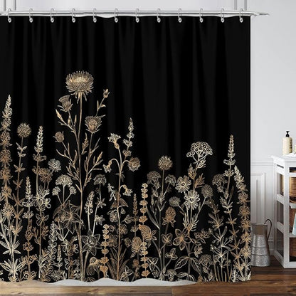 Vintage Black and Gold Boho Shower Curtain, Black and Tan Cream Floral Aesthetic Dark Wildflower Botanical Flowers Shower Curtain for Bathroom with Hook,Farmhouse Plant Art Chic Shower Curtain 72X84