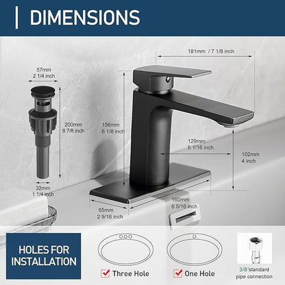 Black Bathroom Faucets 1 Hole Single Handle Bathroom Sink Faucet with Pop-up Drain and 3 Hole Sink Deck Plate Rv Lavatory Vessel Faucet Basin Mixer Tap