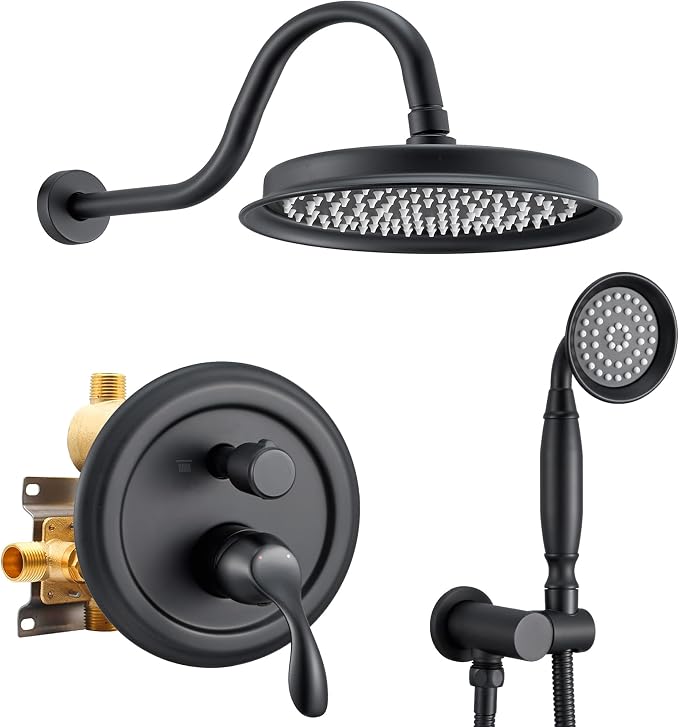 DASAN Rain Shower System Antique Shower Faucet Complete Sets, Shower Fixtures Combo with Pressure Balance Valve, Trim Kit, 9’’ Rainfall Overhead Shower & Handheld, Color Matte Black AT209W-MB