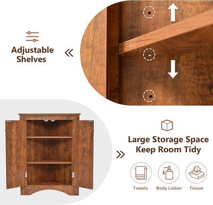 Corner Storage Cabinet with Two Doors for Bathroom, Living Room or Kitchen, Adjustable Shelf, Freestanding Floor Space Saver, Brown