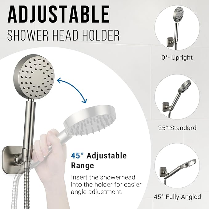 G-Promise Metal Handheld Shower Head Holder, No-Drill (Brushed Nickel) | Adhesive or Drilled Installation, Wide Adjustment Range Fits All Family Heights, Firmly Secure Showerhead, Easy to Install