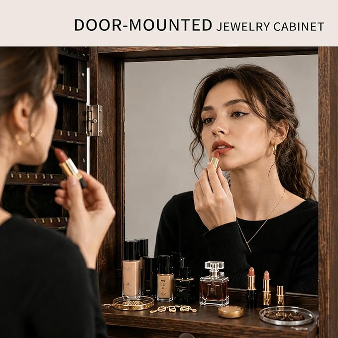 Lockable Jewelry Cabinet Organizer with Full Length Mirror, 6 Auto LED Lights, Wall & Over Door Mount Jewelry Armoire with Earring Slots, Necklace Hooks, Foldable Makeup Shelf
