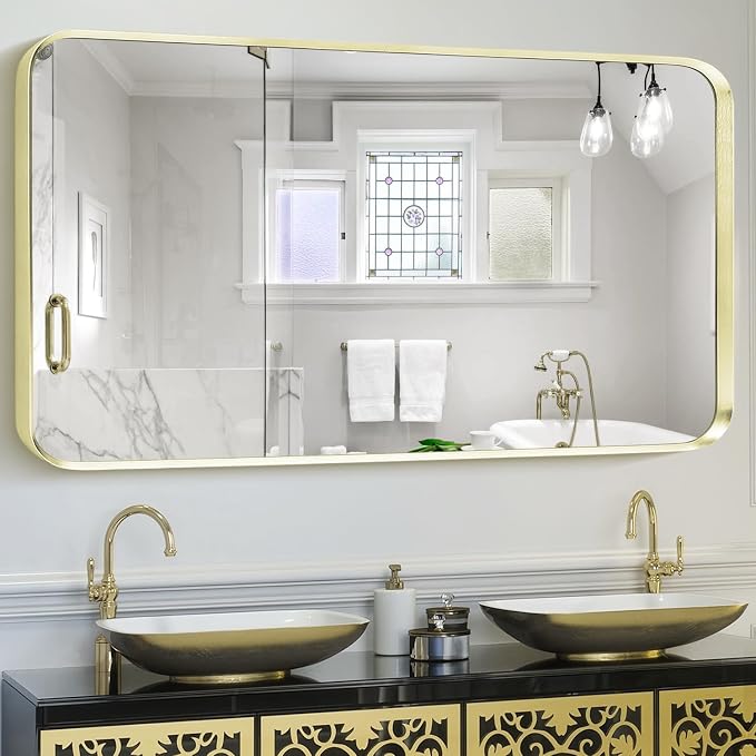Gold Bathroom Mirror 28x60in, Metal Framed Rounded Rectangle Wall | Tempered Glass, Anti-Rust Frame, Hangs Horizontal or Vertical, HD Reflection Clarity