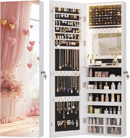 Vlsrka 47.2" LED Jewelry Cabinet, Wall Mounted Jewelry Mirror Organizer | Over the Door Hanging Jewelry Armoire Organizer, large Lockable Full Length Mirror with Jewelry Storage for Women, White