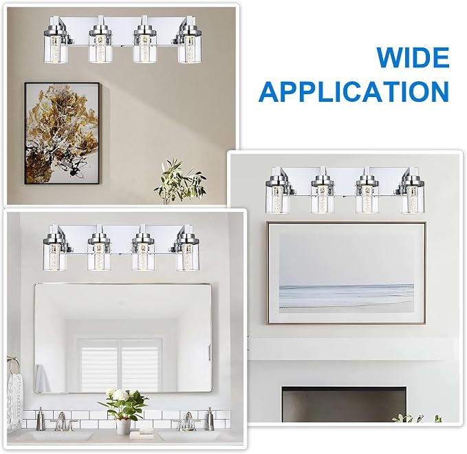 MELUCEE 4-Light LED Bathroom Lighting Fixtures Chrome, 5CCT Adjustable | Dimmable LED Vanity Light for Bathroom Bubble Crystal Bathroom Wall Lights with Clear Glass Shade, Built-In LED Chips