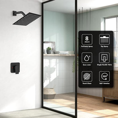 Matte Black Shower Faucet Set, 8 Inch Rain Shower System with Valve | Complete Rain Shower Set with Valve, Single Handle Wall Mount Design
