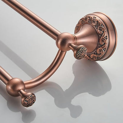 Red Copper Double Towel Bar, Adjustable 15.5 to 27.5 Inch Bath Towel Rack for Bathroom Towel Holder, Wall Mounted Black Bathroom Hardware Accessories,Pattern Carving Design