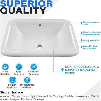 Enbol 22" x 15" Drop in Bathroom Sink White Rectangle Ceramic Sink Semi Recessed Vessel Sink Bathroom with Overflow O2215