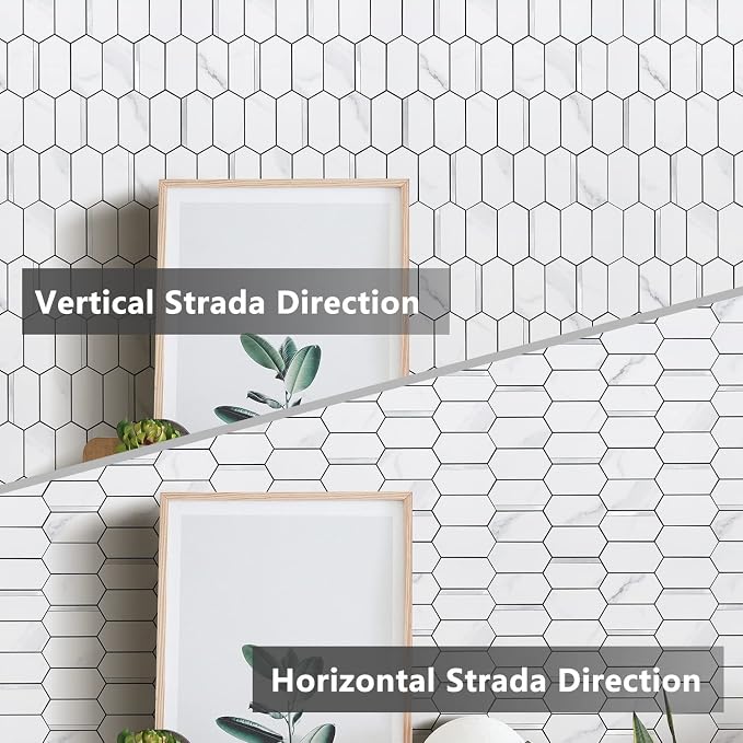Vamos Tile Long Hexagon Peel and Stick Backsplash Tile - 10 Sheets Stick on Backsplash for Kitchen and Bathroom 12.4 x 12 Inch White Marble Look PVC Mixed Metal Silver Self Adhesive Mosaic Wall Tiles