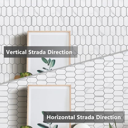 Vamos Tile Long Hexagon Peel and Stick Backsplash Tile - 10 Sheets Stick on Backsplash for Kitchen and Bathroom 12.4 x 12 Inch White Marble Look PVC Mixed Metal Silver Self Adhesive Mosaic Wall Tiles