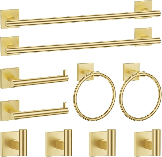 Brushed Gold Bathroom Hardware Accessories Towel Bar Set, 10 Pieces Bathroom Towel Bar Holder Set, 23.6 Inch Stainless Steel Toilet Paper Holder Towel Racks for Bathroom Wall Mounted