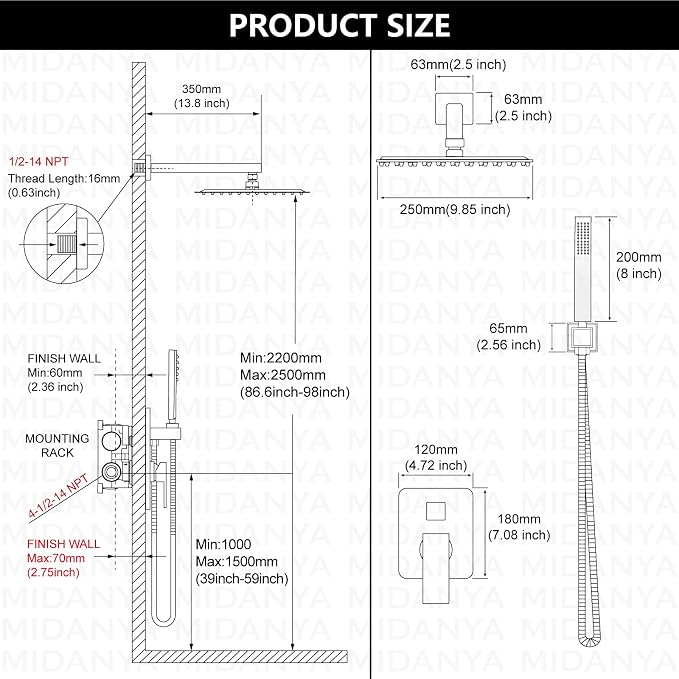 Midanya Shower Faucet Set with Handheld Sprayer,10 Inch,Brushed Gold | Rough-in Shower Valve and Trim Kit Included,Square Rain Head,Wall Mount Shower System,All Metal,Bathroom