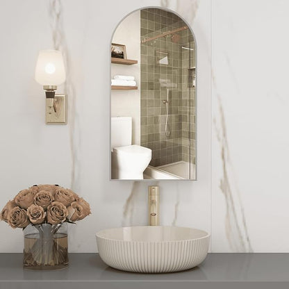Silver Medicine Cabinet with Mirror,Arched Bathroom Cabinet Left or Right Opening,Wall Mounted Medicine Cabinet,Bathroom Vanity Mirror with Storage,Adjustable Shelves, Not Recessed,16x30 inch