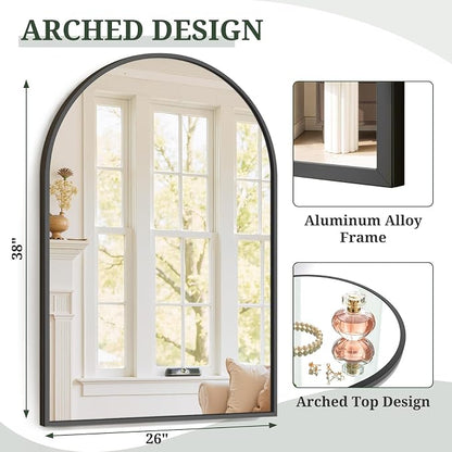 Arched Wall Mirror 38x26 Inch Black Bathroom Vanity Mirror with Metal Frame | Modern Arch Mirror for Bedroom, Living Room, Entryway, Wall Mounted Decorative Mirror