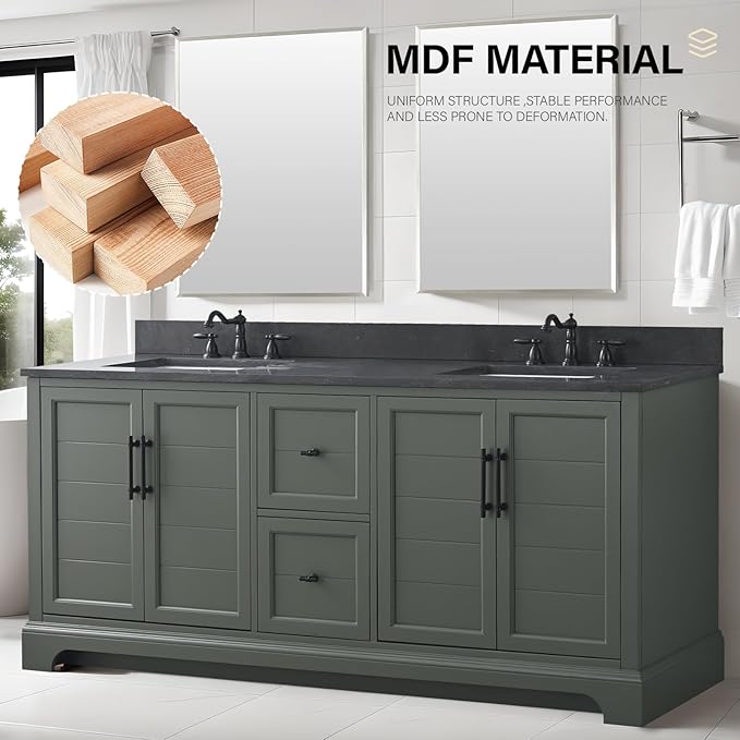HOMEBEYOND 72 Inch Bathroom Vanity with Double Sink & Ceramic Top, Vanity Cabinet with Center Countertop Basin, Soft-Closing Doors, Backsplash, Vintage Green