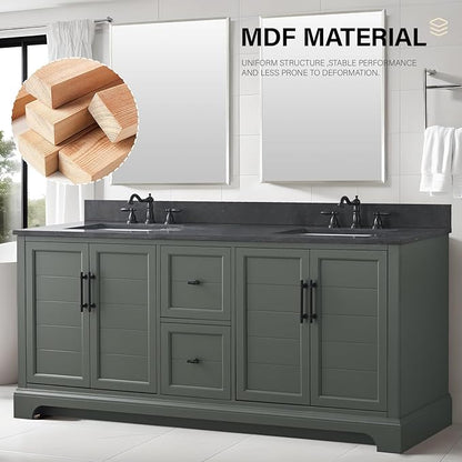 HOMEBEYOND 72 Inch Bathroom Vanity with Double Sink & Ceramic Top, Vanity Cabinet with Center Countertop Basin, Soft-Closing Doors, Backsplash, Vintage Green