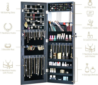 Full Length Mirror Jewelry Cabinet - 2-in-1 Organizer for Makeup and Jewelry,Lockable Door Wall-Mounted Jewelry Armoire with Shelves and Behind the Door Storage Black