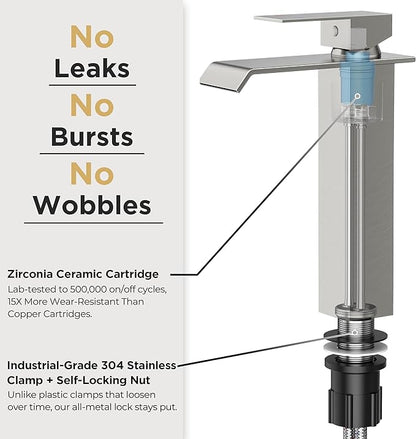 Forious Vessel Bathroom Sink Faucets 1 Hole Brushed Nickel, Tall Waterfall Bathroom Faucet Single Handle with Pop Up Drain and Supply Lines, Deck Mount