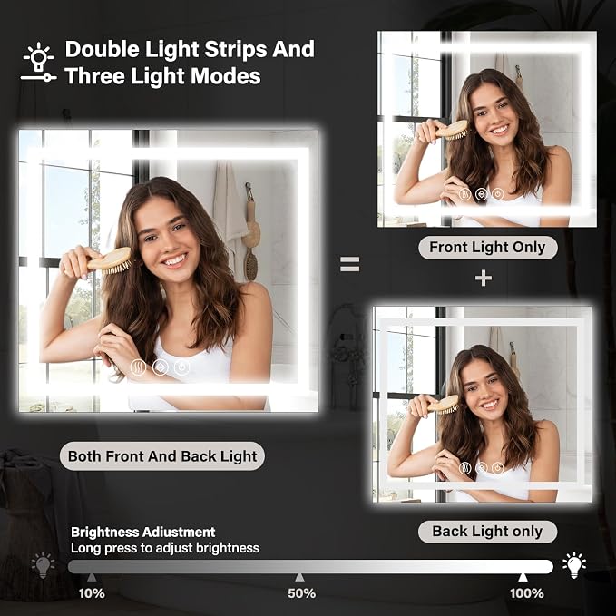 XRAMFY 47"X47" LED Bathroom Mirror, Backlit + Front Lit Wall Mirror | LED Bathroom Mirror with Lights for Wall, 3 Colors, Anti-Fog, Dimmable Brightness, Tempered Glass