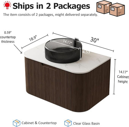 30" Floating Bathroom Vanity with Sink, Natural Solid Wood Modern Bathroom Cabinet with Round Transparent Black Glass Basin and Marble Top, Soft-Close Drawer, Pre-Assembled, Dark Walnut