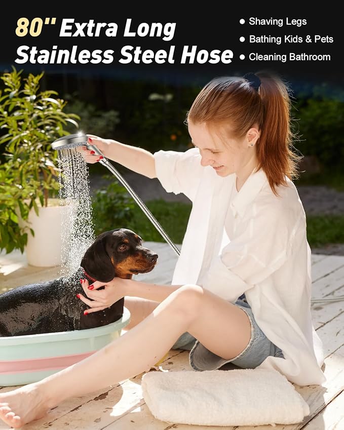 FASDUNT High Pressure Handheld Shower Head with Hose, Brushed Nickel | 80" Extra Long Stainless Steel Hose & Adjustable Bracket, Shower Heads with ON/OFF Switch for Pets Bath