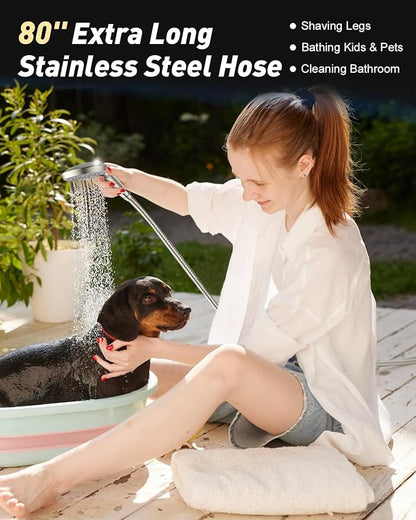 FASDUNT High Pressure Handheld Shower Head with Hose, Brushed Nickel | 80" Extra Long Stainless Steel Hose & Adjustable Bracket, Shower Heads with ON/OFF Switch for Pets Bath