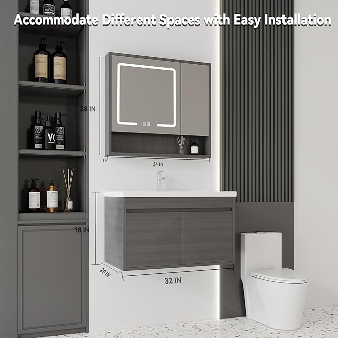 32'' Bathroom Vanity with Ceramic Sink Combo and Medicine Cabinet Mirror with Led Light/Defog, Wall Mounted Small Bathroom Vanity with Soft-Close Door Modern Floating Cabinet, GreyWalnut(No Faucet)
