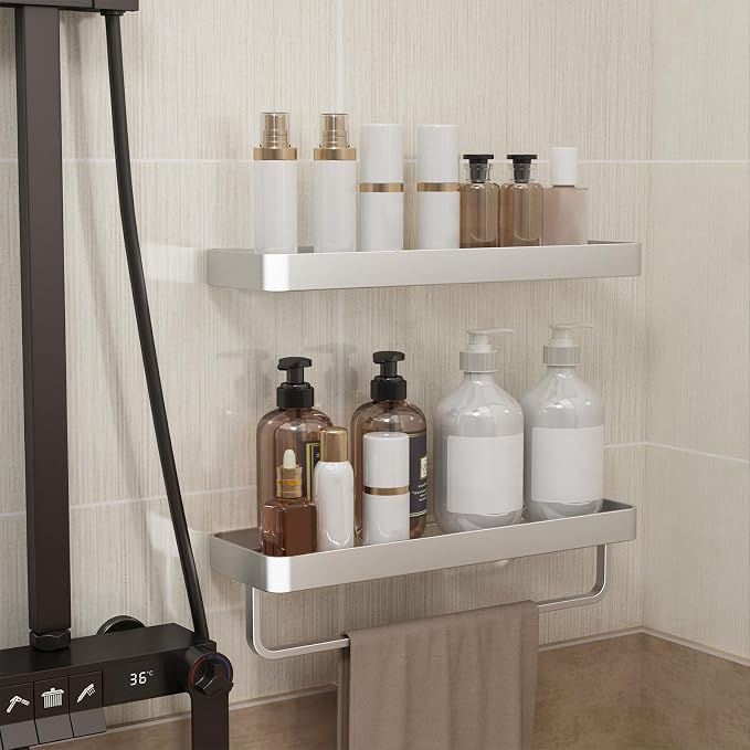 16-Inch Silver Floating Bathroom Shelves with Towel Bar, Clear Tempered Glass Wall Shelf 2-Pack – Versatile Bathroom Organizer Set
