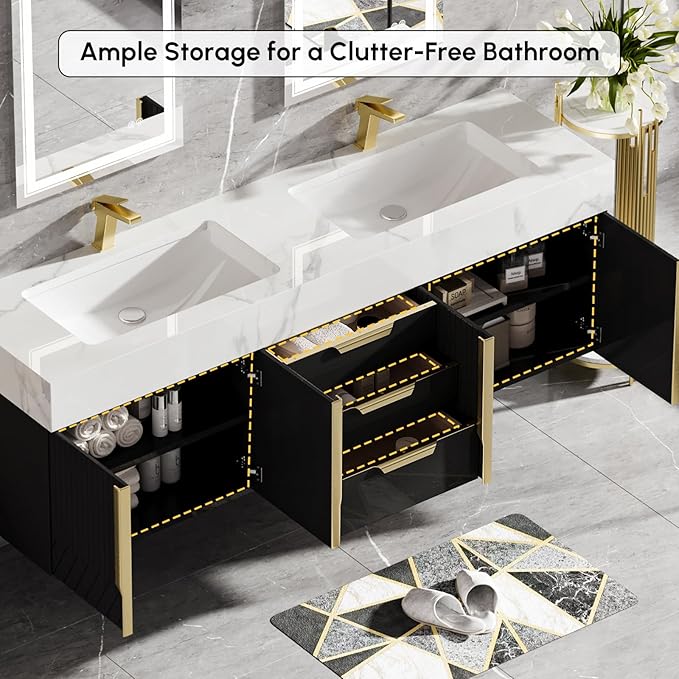 homary 60" Floating Bathroom Vanity Set with Double Sink, Modern Bathroom Sink Cabinet Storage Cabinet with Sintered Stone Countertop and Ample Storage, Black