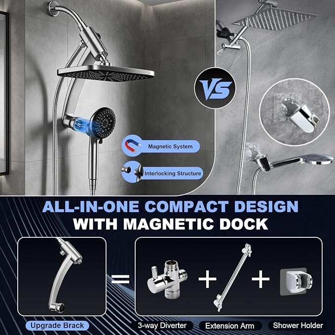 12 Inch High Pressure Rainfall Shower Head Combo,9 Settings Handheld Shower | Height/Angle Adjustable, 3 Spray Modes, Anti-leak, Built-in Magnetic Docking,Washing Jets,Holder, 59" Shower Hose, 1.75GPM