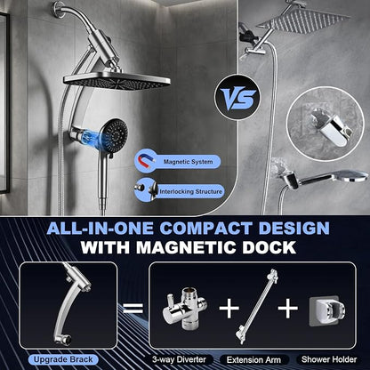 12 Inch High Pressure Rainfall Shower Head Combo,9 Settings Handheld Shower | Height/Angle Adjustable, 3 Spray Modes, Anti-leak, Built-in Magnetic Docking,Washing Jets,Holder, 59" Shower Hose, 1.75GPM