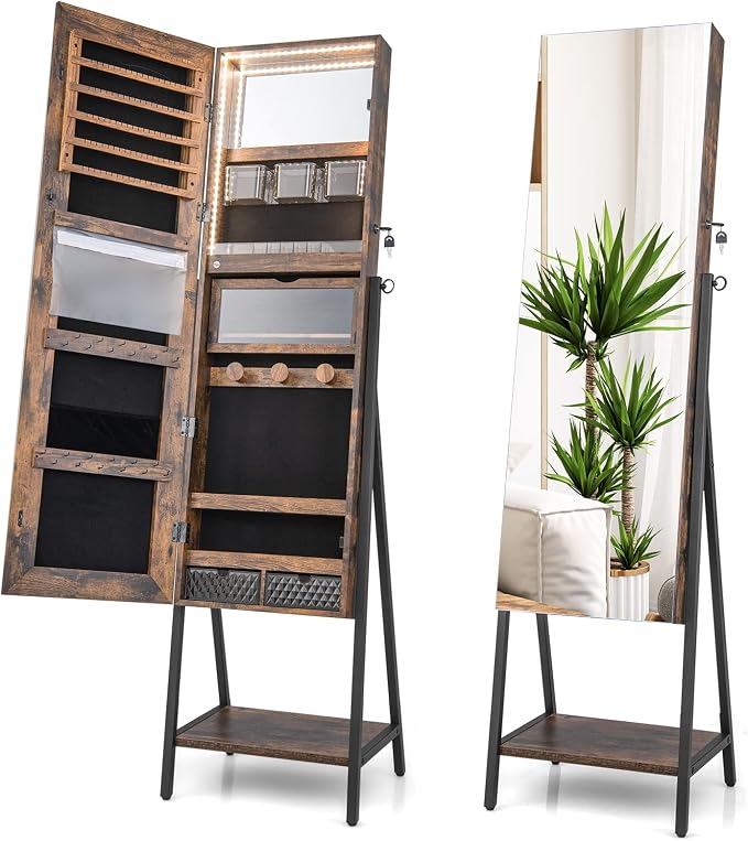 CHARMAID Standing Jewelry Armoire with Full Length Mirror, Lockable Jewelry Cabinet Organizer with Lights, 3 Lighting Modes, Foldable Makeup Tray, Storage Drawers & Shelves (Rustic Brown)