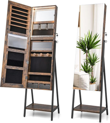 CHARMAID Standing Jewelry Armoire with Full Length Mirror, Lockable Jewelry Cabinet Organizer with Lights, 3 Lighting Modes, Foldable Makeup Tray, Storage Drawers & Shelves (Rustic Brown)