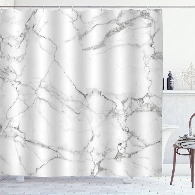Grey White Marble Shower Curtain Abstract Modern Luxury Gray White Bathroom Curtains Waterproof Polyester Fabric Bath Curtain 72 x 72 Inch with 12 Hooks