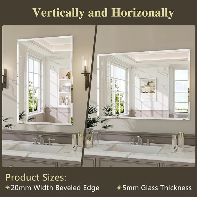 Frameless Bathroom Mirror, 48" x 36" Beveled Wall Mirror | 5mm HD glass, 20mm beveled edge, frameless, anti-rust, shatterproof, french cleat, horizontally or vertically