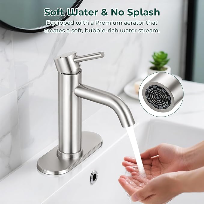 Brushed Nickel Bathroom Faucets, Modern Bathroom Sink Faucet Single Handle Bathroom Faucet for 1 or 3 Hole, Mixer Tap Vanity Faucet with Deck Plate, Pop-up Drain and Supply Hoses