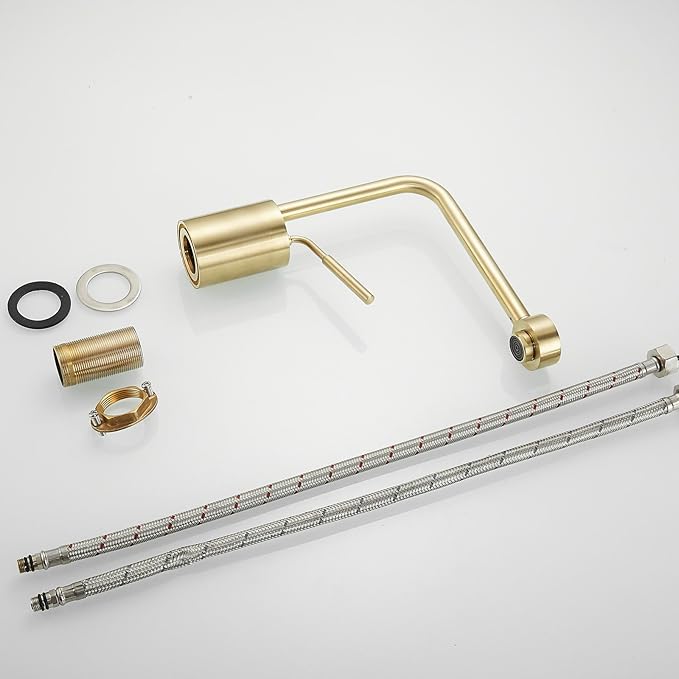 Gold Brushed Bathroom Sink Faucet One Hole Bathroom Faucet - 360 Degree Modern Vanity Basin Faucet with Water Supply Hoses Deck Mount