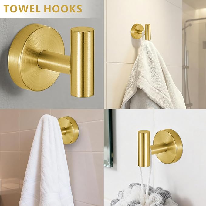Bathroom Hardware Set Includes Towel Ring, Toilet Paper Holder and 2 Towel Hooks, SUS304 Stainless Steel Modern Wall-Mounted Bathroom Set, Rustproof Bathroom Fitting Set (Brushed Gold)