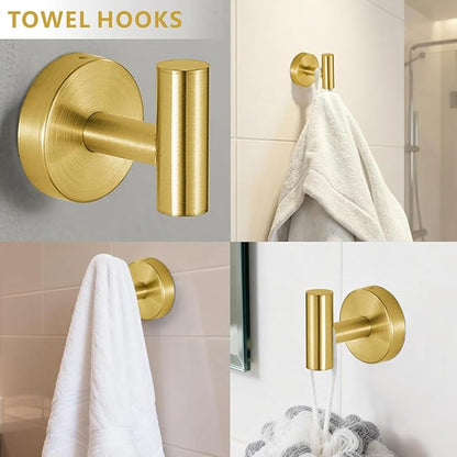 Bathroom Hardware Set Includes Towel Ring, Toilet Paper Holder and 2 Towel Hooks, SUS304 Stainless Steel Modern Wall-Mounted Bathroom Set, Rustproof Bathroom Fitting Set (Brushed Gold)