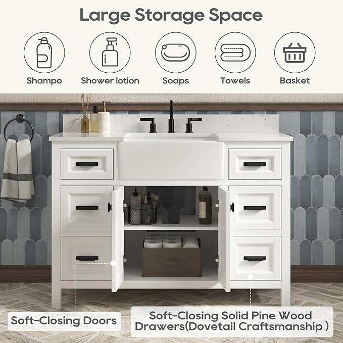 48 Inch Bathroom Vanity with Sink, Farmhouse Bathroom Sink Cabinet with Adjustable Feets, Solid Wooden Frame Single Sink Bathroom Vanity with Soft Closing Doors, Apron Farm Sink, White